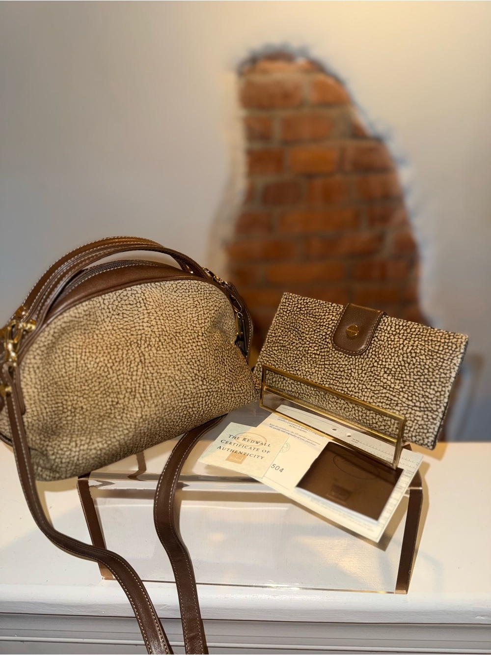 Rare Vintage Borbonese Redwall "Occhio di Pernice" Suede Dome Bag  & Wallet Set